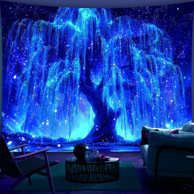 Fluoreszierender Wandteppich Baum des Lebens mit Sternenhimmel in Blau, UV-reaktive Wanddekoration für Schlafzimmer und Partys, B/H: 60 x 40 cm - Bild 3