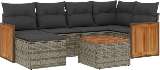 vidaXL 7-tlg Garten-Sofagarnitur aus Poly Rattan in Grau mit Kissen und Akazienholz - Bild 1