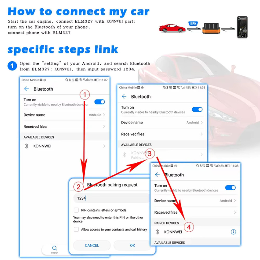KONNWEI KW901 ELM327 V1.5 Bluetooth 5.0 OBD2 Auto Diagnose Scanner für Android und iOS in Orange - Bild 3