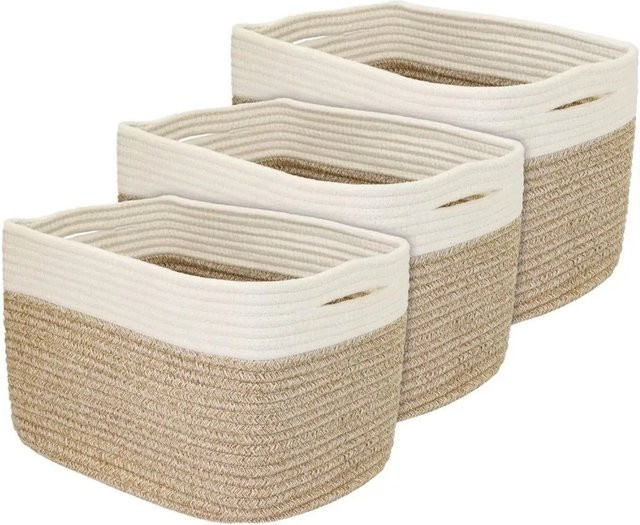 HMF Aufbewahrungskorb Set aus Baumwolle mit versteckten Griffen, 3er Set, Weiß-Braun, B/T/H: 37 x 25 x 22 cm - Bild 1