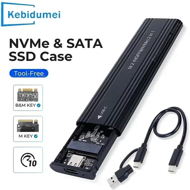 Kebidu NVME M.2 SSD externes Gehäuse aus Aluminium mit USB-C 10 Gbit/s für M/M+B Key, Farbe: Schwarz - Bild 1