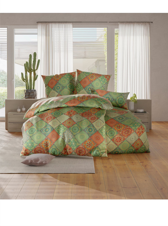 Bettwäsche wäschepur Boho Graphic Nature in Orange und Grün aus Baumwolle mit Reißverschluss, B/H: 135 x 200 cm - Bild 1