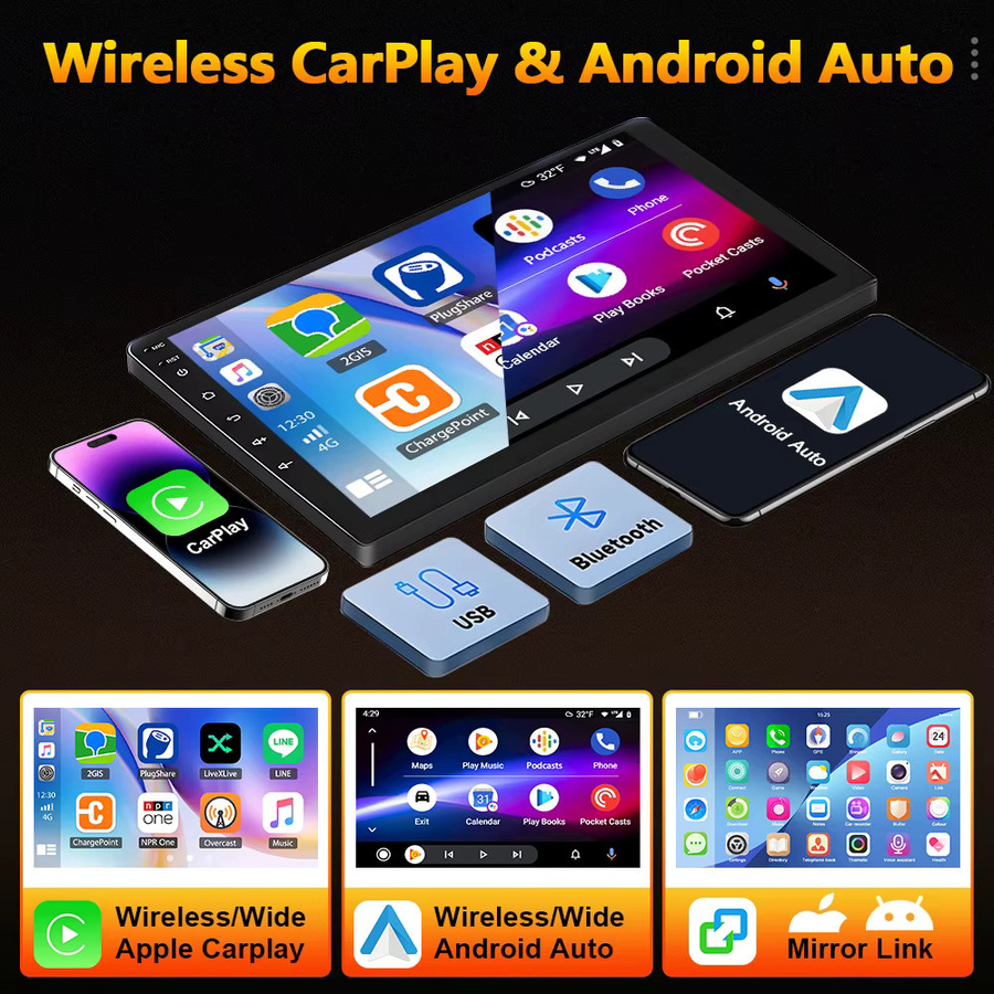 Podofo 4G Wireless CarPlay Android Autoradio mit GPS für Peugeot 308 408 2007-2015 in Schwarz - Bild 3