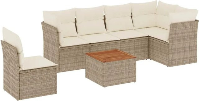vidaXL 7-teilige Garten-Sofagarnitur aus Poly-Rattan und Akazienholz in Beige-Creme mit Kissen - Bild 1