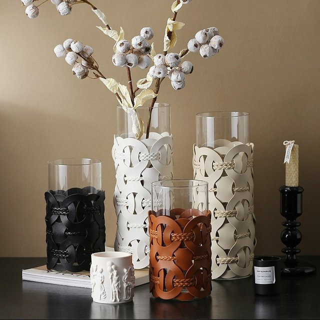 AhunderJiaz Moderne Vase aus gewebtem Leder in Schwarz, Handgefertigte Dekovase für Tischdekoration und Schnittblumen - Bild 1