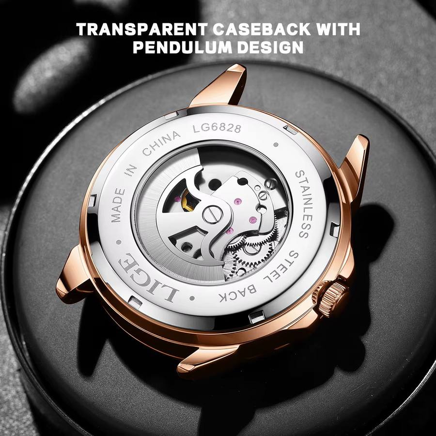 LIGE Armbanduhr Automatik, Mondphase, Kristall, Roségold, Edelstahl, Leder, Herren - Bild 6