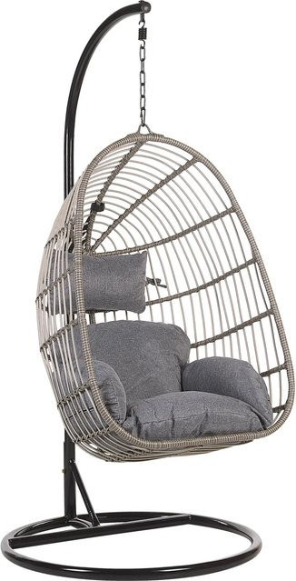 Beliani Hängesessel Egg im Retro-Design mit Rattan-Optik und Metallgestell, Grau Schwarz, B/T/H: 97 x 97 x 199 cm - Bild 1