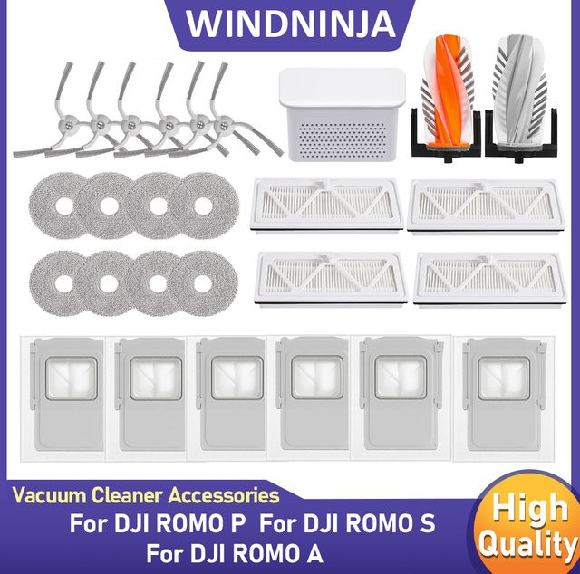 WINDNINJA Ersatzteil-Set für DJI ROMO P, ROMO S und ROMO A Staubsauger mit Hauptwalzenbürste, Seitenbürste, HEPA-Filter, Mopp Pad und Staubbeutel in Weiß - Bild 1