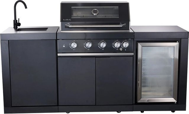 Buschbeck Outdoorküche Liverpool Schwarz mit Heckbrenner, Spüle, Armatur und beleuchtetem Kühlschrank aus Edelstahl und Marmor - Bild 1