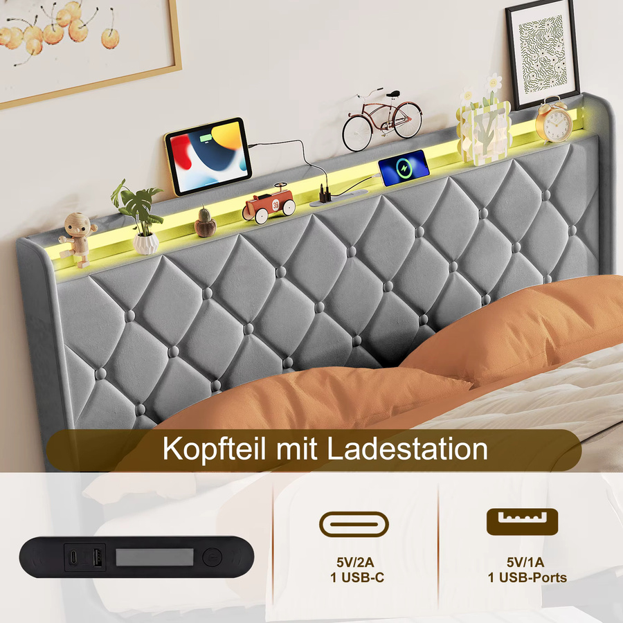 Rosahqnda Doppelbett für Erwachsene aus Samtstoff mit LED-Kopfteil und hydraulischem Stauraum, dunkelgrau, B/T/H: 140 x 200 cm - Bild 2