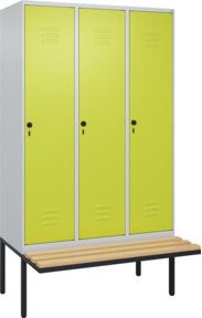 C+P Spind Classic PLUS Garderobenspind mit Sitzbank, 3 Abteile, B/T/H: 212 x 120 x 81,5 cm, Sicherheits-Drehriegel, 4 Garderobenhaken, mittige Trennwand, auskragende Sitzbank aus Stahl und Buche-Hartholz - Bild 1