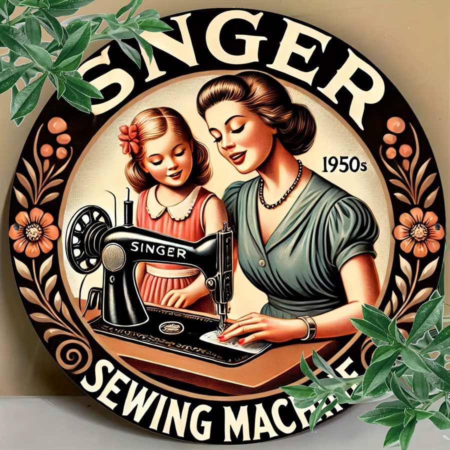 Potdemiel Vintage Singer Nähmaschinen-Wandkunstschild aus Aluminium, rundes Metallschild mit floralem Design und Typografie, Mehrfarbig, Durchmesser: 20 cm - Bild 2