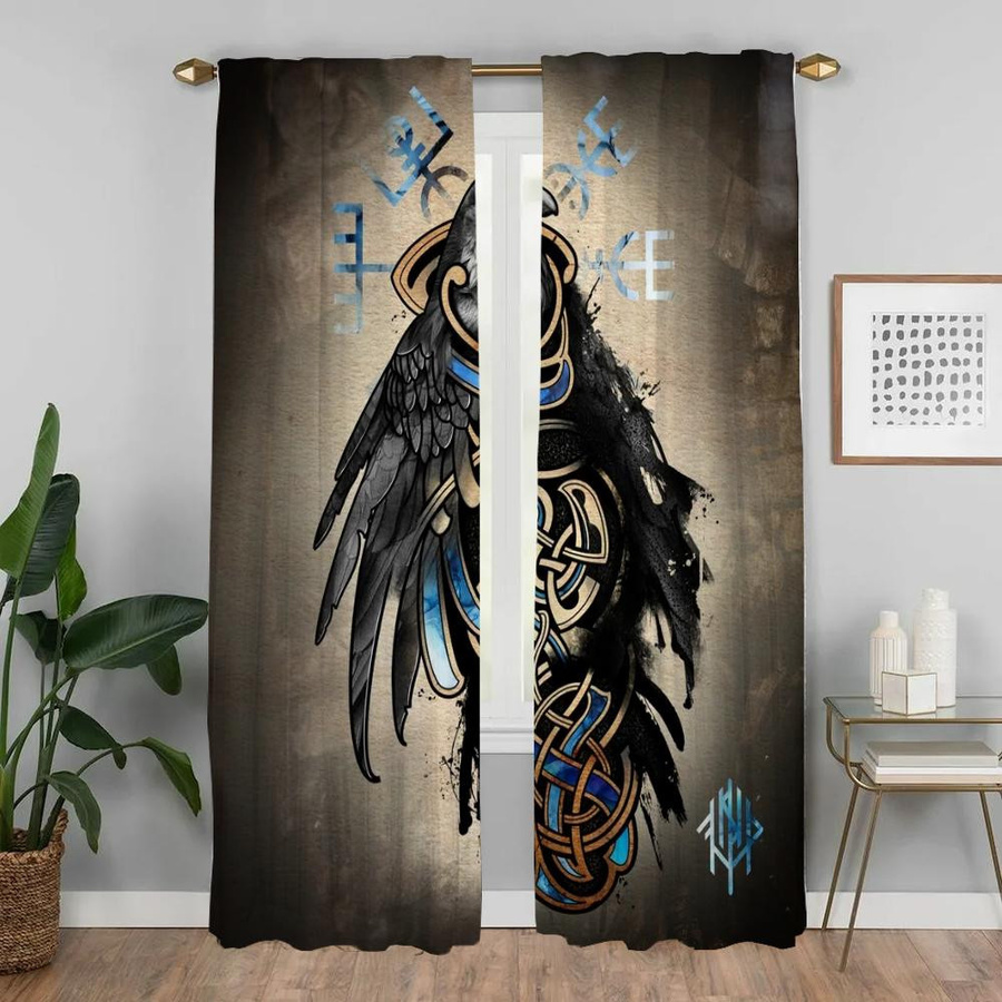 Wikinger Odins Rabe Muninn Elegante Raumvorhänge aus Polyester, 2er-Set, halbtransparent, Multicolour, Breite: 50 cm, Höhe: 70 cm - Bild 1