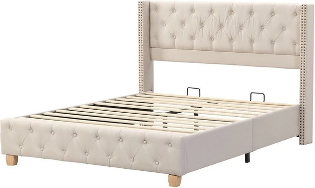 okwish Polsterbett Doppelbett mit Knopfpolsterung in Beige aus Leinen, B/T/H: 140 x 190 x 108 cm - Bild 1