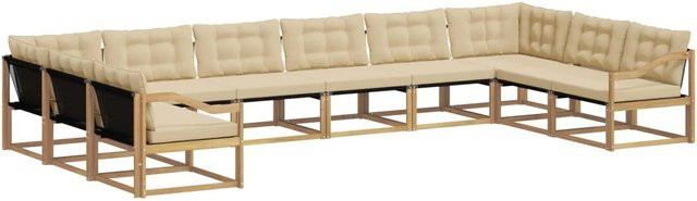vidaXL Outdoor-Sofagarnitur 10-tlg. aus massivem Akazienholz mit Textilene und Kissen in Weiß und Beige - Bild 1