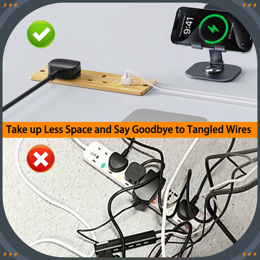 HITRENDS UK-Steckdose für Einbaugeräte mit 2 AC-Anschlüssen und USB-C PD 20W Schnellladung sowie 2 Meter Verlängerungskabel - Bild 2