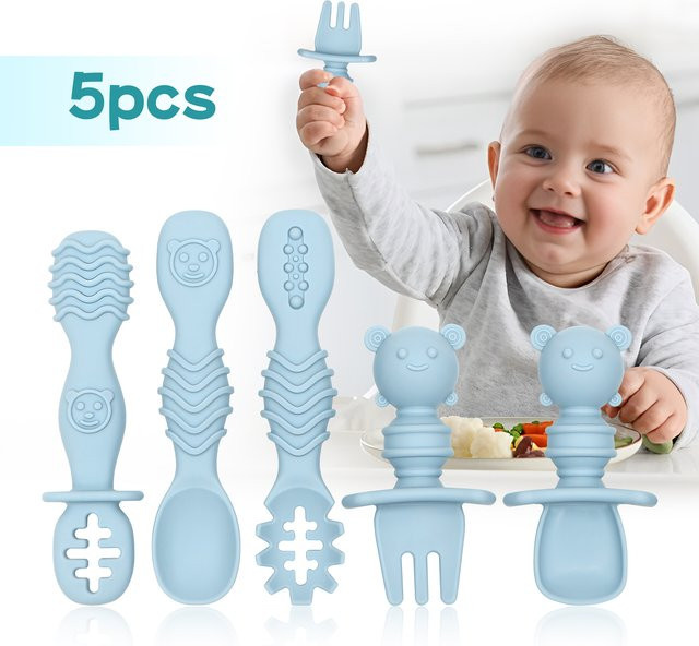 5-teiliges Baby-Fütterungsgeschirr-Set aus Silikon mit ergonomischem Bären-Design in Blau für Stufe 1 - Bild 1