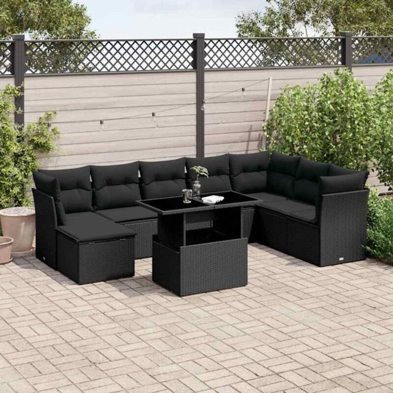 9-teilige moderne Garten-Sofagarnitur mit Kissen aus schwarzem Poly-Rattan von vidaxl - Bild 1