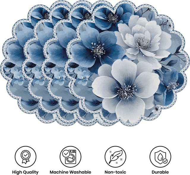 VIKAMA 4-teiliges Spitzen-Tischset mit blauem und weißem Blumenmuster in Herzform - Bild 1