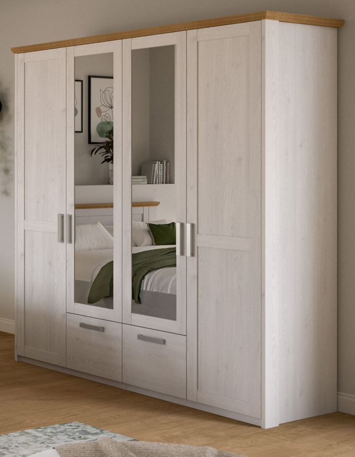 Kleiderschrank Mirano Landhausstil in Weiß und Lärche mit integrierten Schubladen und Spiegel, B/T/H: 200 x 61 x 188 cm - Bild 1