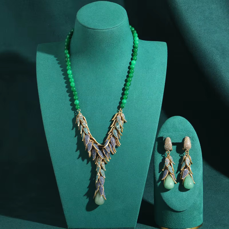 Schmuckset GLSLCR, Perlenanhänger, Halskette, Tropfenohrringe, Damen, Vintage, Gold, grün - Bild 1