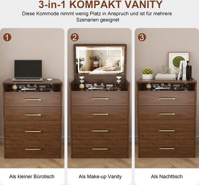 Svintora 3-in-1 Schminktisch Set in Walnuss mit aufklappbarem Spiegel, Glasplatte, 3 Schubladen und Hocker, Breite: 60 cm - Bild 1