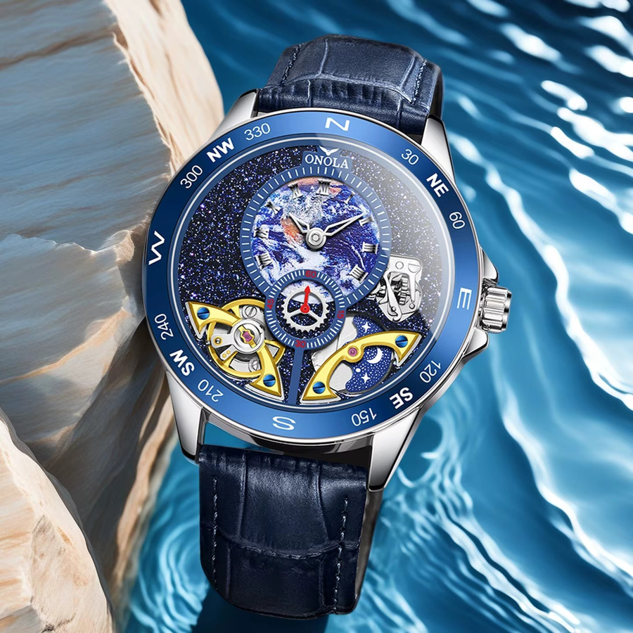 ONOLA Armbanduhr Automatik, Leder, Edelstahl, Blau, Herren - Bild 3