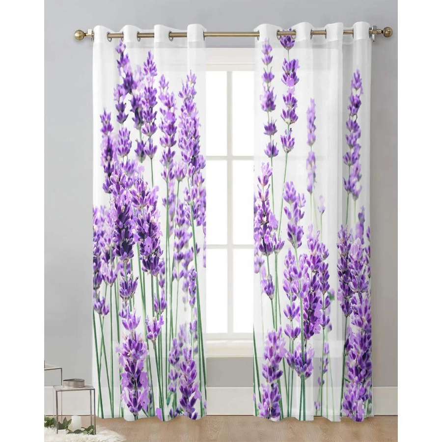 Yiran Furniture Transparentes Voile-Fenstergardinen Set mit Lavendel-Blumenmuster in Lila und Weiß, Tüll und Organza mit Ösen, Breite: 135 cm, Höhe: 115 cm - Bild 2