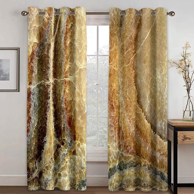 A Family Of Home Textiles 3D Luxus Marmor Vorhänge mit Gold Textur, 2 Panel, Beige/Gold, semi-transparent, Breite: 100 cm, Höhe: 130 cm - Bild 1