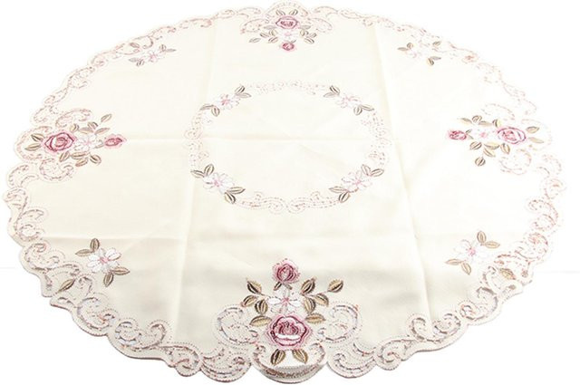 Runder Tischläufer CosyHome mit floraler Blumenbestickung und Cutwork in Weiß und Rot, Durchmesser: 85 cm - Bild 1