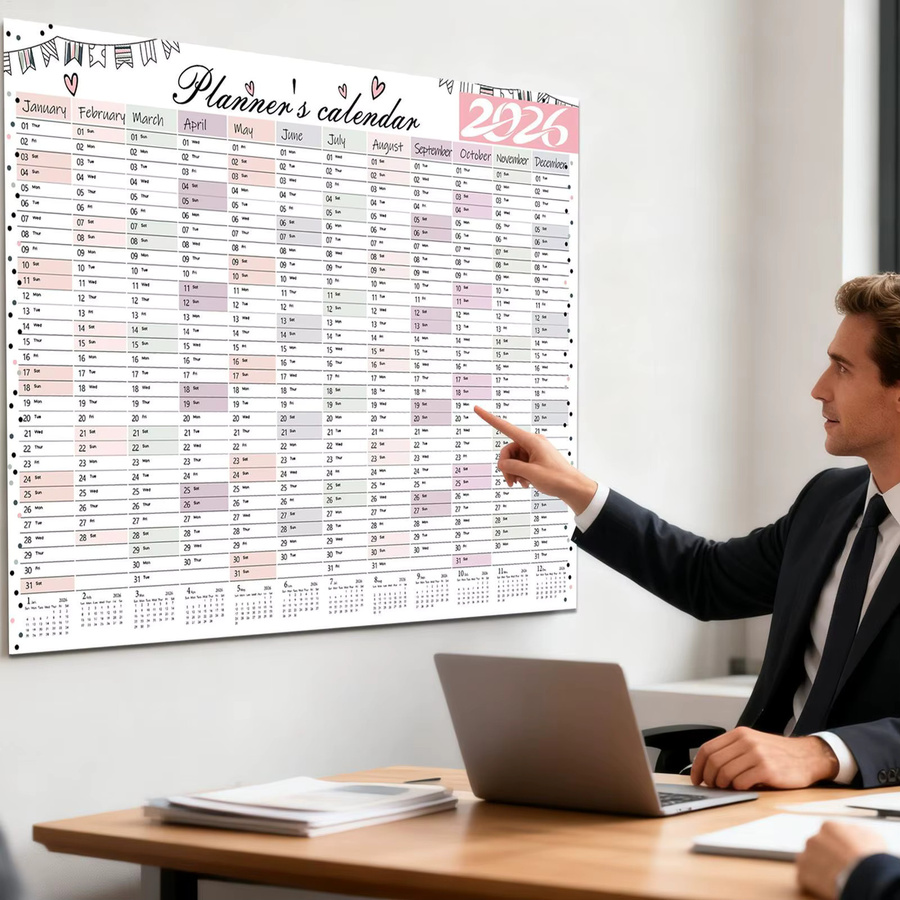 Großer Wandkalender 2026 mit 12 Monaten als vertikaler Hängeplaner in Weiß für Büro und Schule - Bild 2