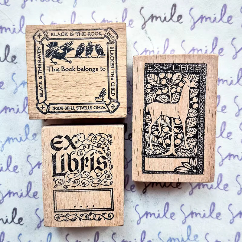 Holzstempel Ex Libris für Scrapbooking und Journaling mit Vogel, Hirsch oder Mädchen Motiv in Multicolour - Bild 5
