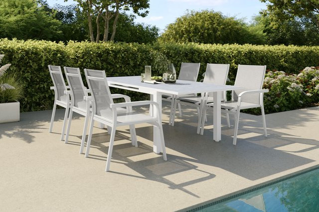 Kettler Garten-Essgruppe aus Aluminium und Outdoorgewebe mit Ausziehtisch und 6 Stapelsesseln in Weiß Matt und Hellgrau, Tisch B: 180 bis 240 cm, B: 100 cm, H: 75 cm - Bild 1