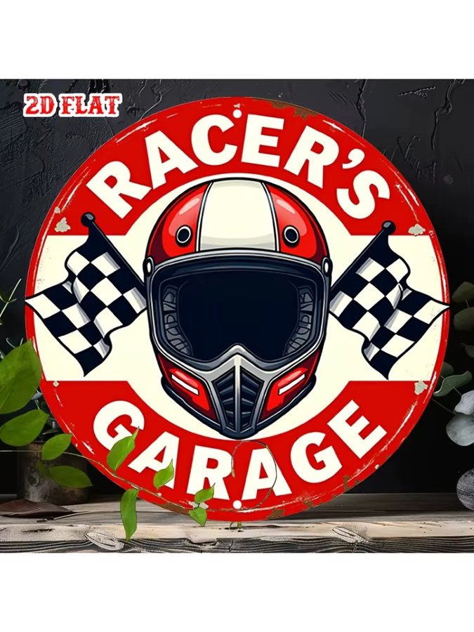 Potdemiel Vintage Metallschild Racer's Garage mit Rennflagge und Helm, Rund, Durchmesser: 20 cm, Rot - Bild 6