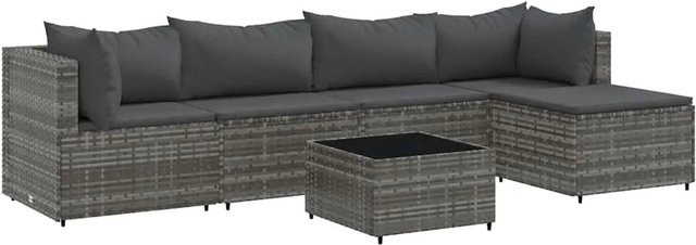vidaXL 6-tlg Garten-Lounge-Set in L-Form aus grauem Poly-Rattan mit UV-beständigen Kissen und pulverbeschichtetem Stahlgestell - Bild 1