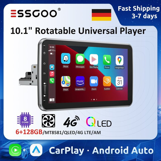 ESSGOO 10,1 Zoll Drehbares Autoradio mit 6GB RAM und 128GB Speicher, QLED Octa-Core Android Radio mit 4G LTE, CarPlay, Android Auto, GPS und Bluetooth in Schwarz - Bild 1