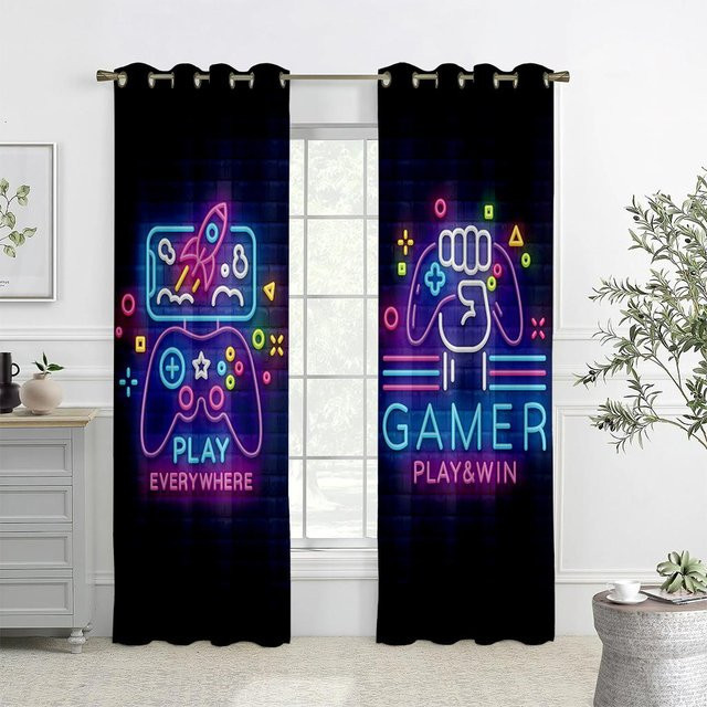 2er-Set dekorative Vorhänge mit Gamecontroller-Print, lichtdurchlässig, mehrfarbig, B: 50 cm, H: 140 cm - Bild 1
