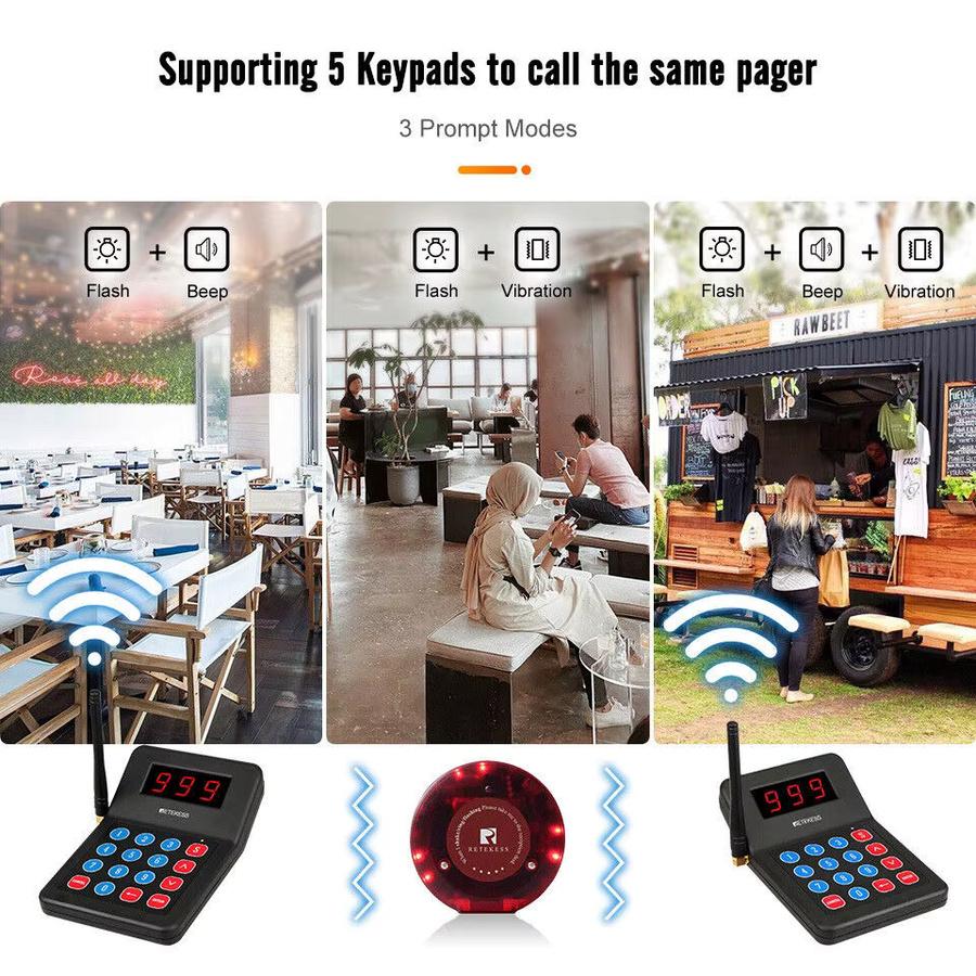 RETEKESS T119 Drahtloses Restaurant-Paging-System mit Coaster-Vibrations-Buzzer-Empfänger und 2-Wege-Ladefunktion für Cafés und Food Trucks - Bild 3