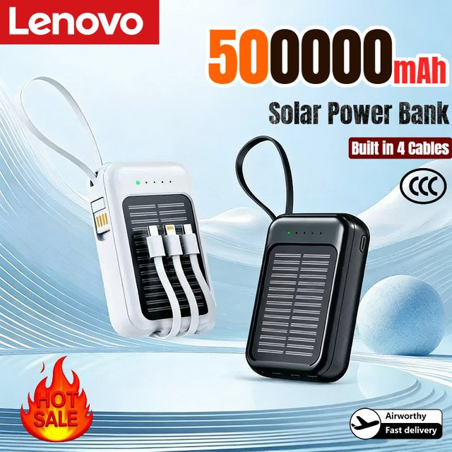 Lenovo Solar-Powerbank mit 50000 mAh und integrierten Kabeln in Schwarz - Bild 1