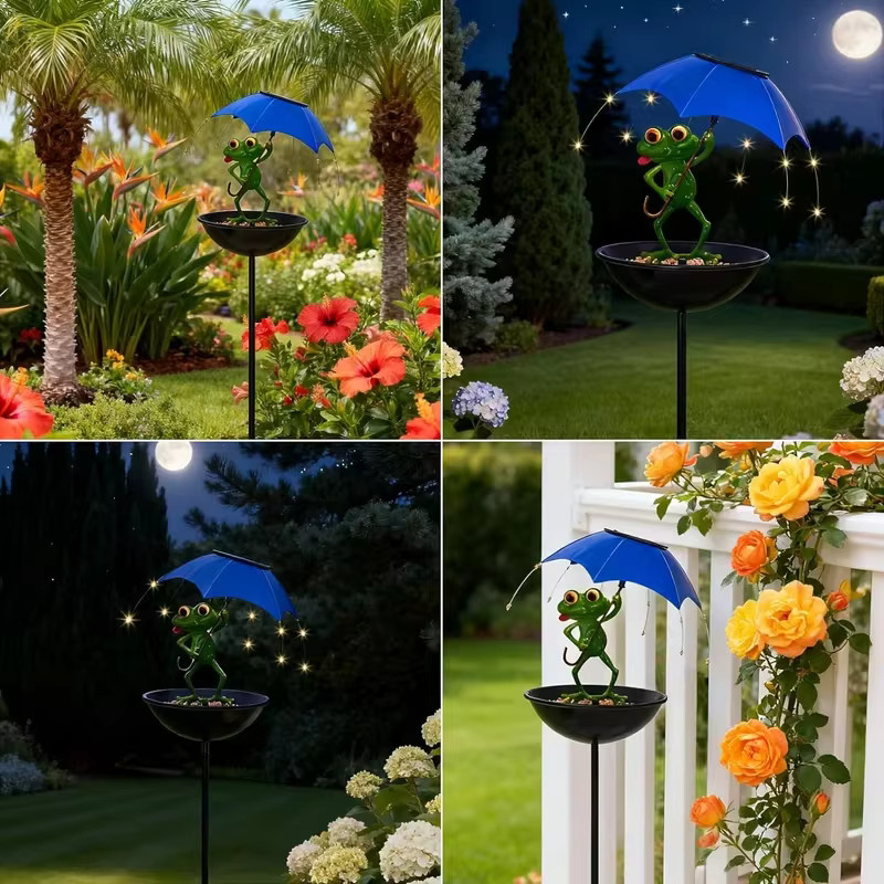 Leclstar Solarbetriebene Frosch-Gartenlampe mit LED-Lichterkette, automatischer Vogelfutterspender und Kolibri-Futtertrog in Grün - Bild 4