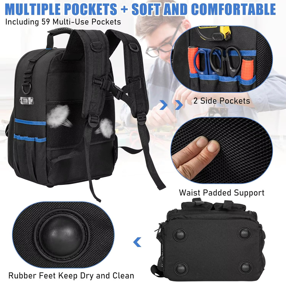 XIYUXIYAN Werkzeugrucksack wasserabweisender Arbeitsrucksack mit gepolsterter Schulter und abnehmbarem Werkzeug-Organizer für Elektriker - Bild 3