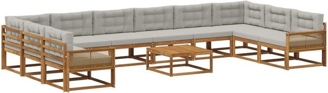 vidaXL Outdoor-Sofagarnitur in U-Form aus massivem Akazienholz mit 11 Kissen, Farbe: Natur und Grau - Bild 1