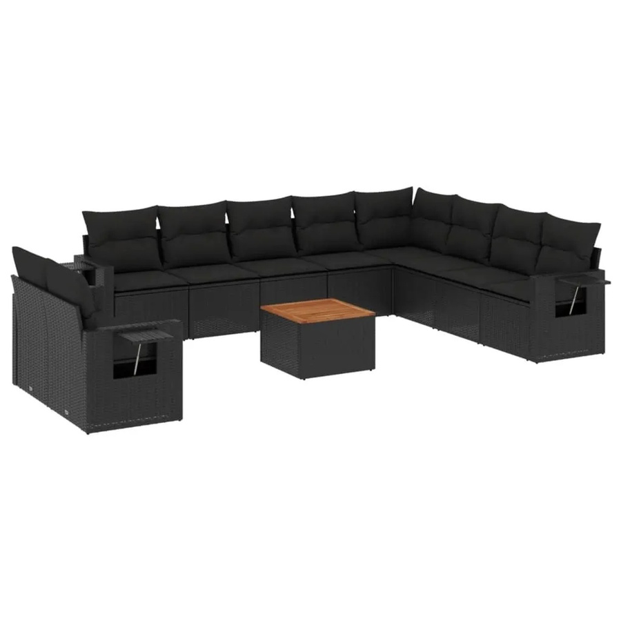 vidaXL 11-tlg Garten-Sofagarnitur in L-Form aus Polyrattan und Akazienholz mit Kissen, Schwarz - Bild 2