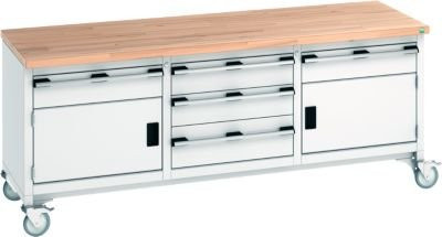 Bott Kastenwerkbank cubio aus Buche-Massiv mit 5 Schubladen und 4 Lenkrollen, Farbe: lichtgrau, B/T/H: 200 x 75 x 84 cm - Bild 1