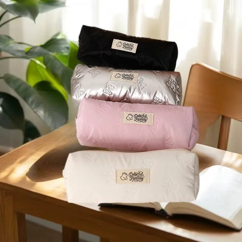 JETTING Federmäppchen mit Schleifen-Design und Reißverschluss in Silber, großkapazitive Stifttasche aus Polyester für Schule und Kosmetik - Bild 2