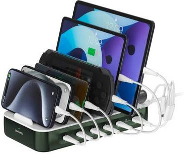 4Smarts Tischladestation 100W mit USB-A, USB-C, Lightning und Micro-USB Quick Charge, USB Power Delivery, Weiß und Grün - Bild 1