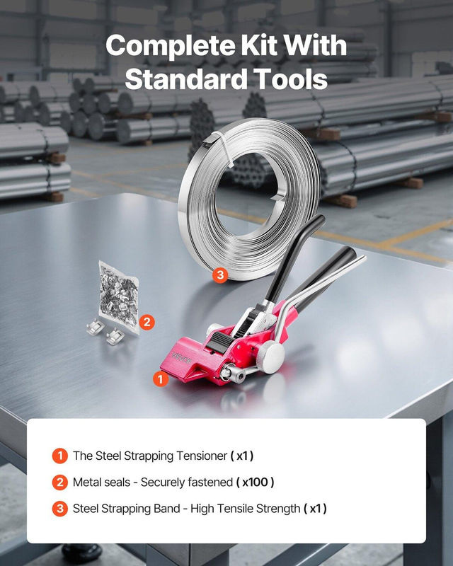 Stahlband Umreifungsset von Buying Solutions, MB in Rot mit 30,5 m Stahlband und 100 Metallklammern für professionelle Palettenverpackung - Bild 3