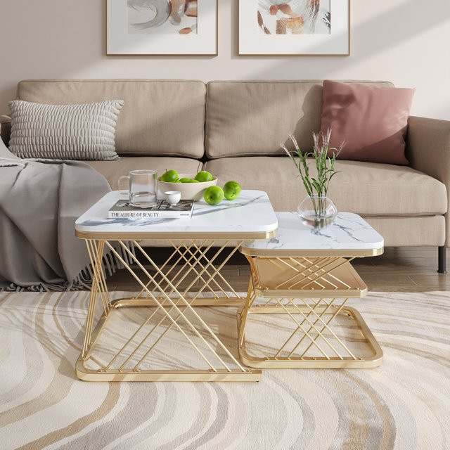 Rosahqnda 2er-Set Couchtisch mit Marmoroptik und Eisenrahmen in Schwarz-Gold - Bild 1