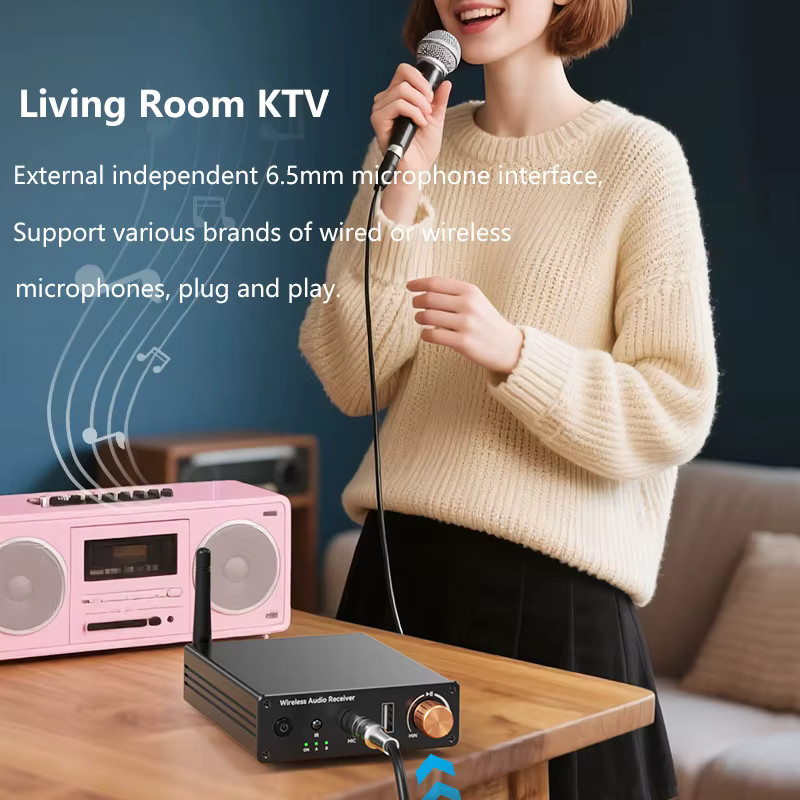 kebidumei Bluetooth 6.0 Audio Receiver und Sender, Wireless Audio Adapter mit U-Disk und 6,5 mm Karaoke Anschluss, Drahtloser Musikverstärker für Lautsprecher und Auto, Schwarz - Bild 6