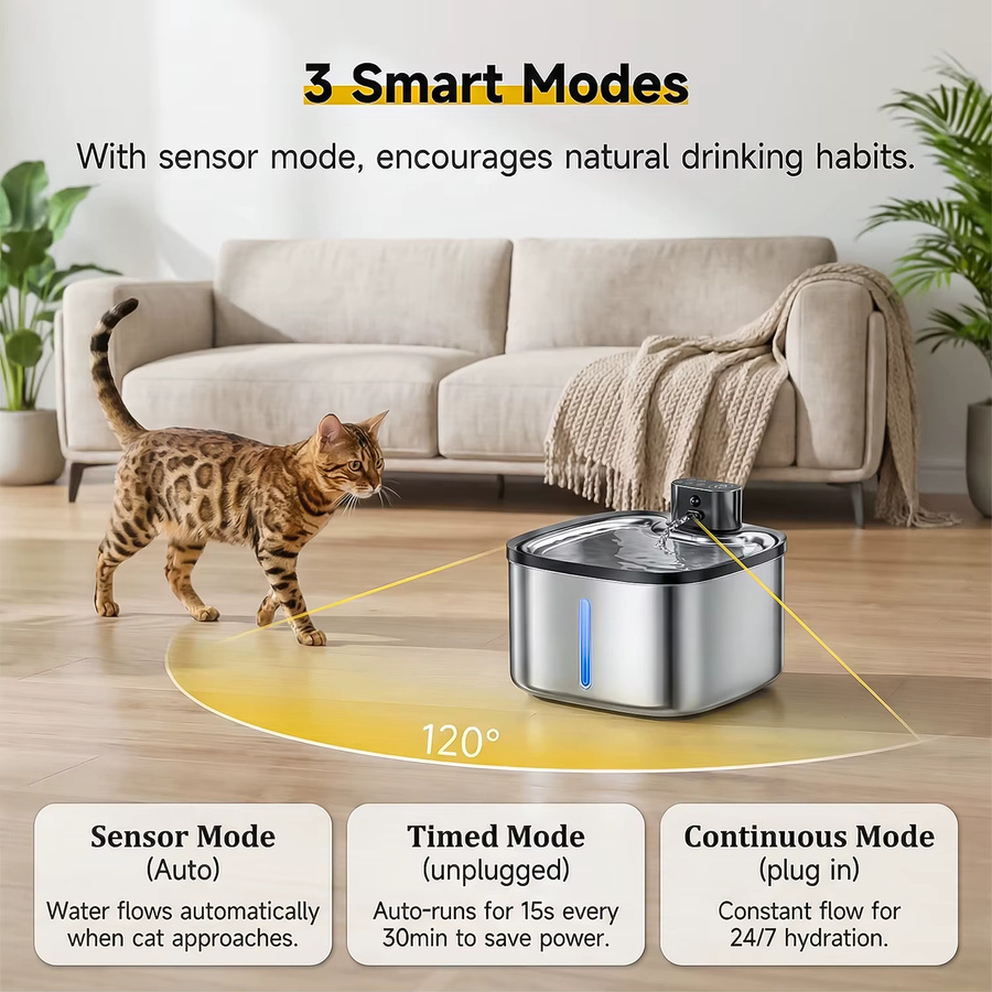 ERAMONG Katzen-Trinkbrunnen aus Edelstahl in Silber, kabelloser Haustier-Wasserspender mit 3,5 l Volumen, automatischem Filter und intelligentem Sensor - Bild 2
